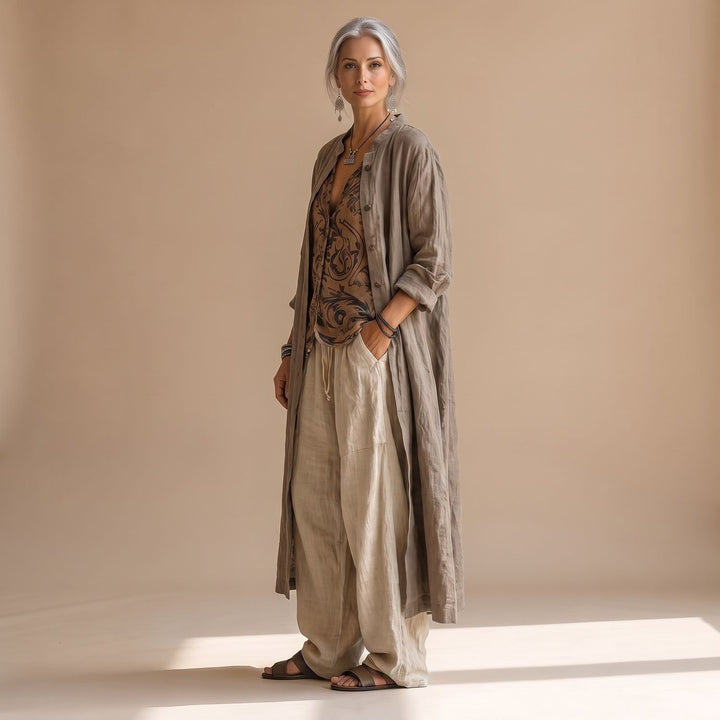 Women's Bohemian Linen Two Piece Set Wide-Leg Pants Tunic