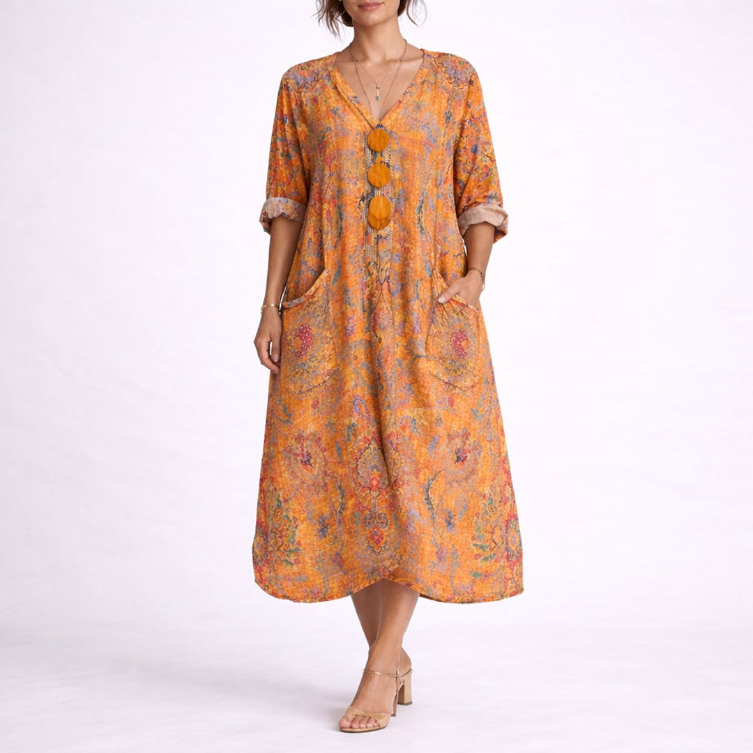 Women's Bohemian Paisley Maxi Fall Wedding Guest Dress - Orange