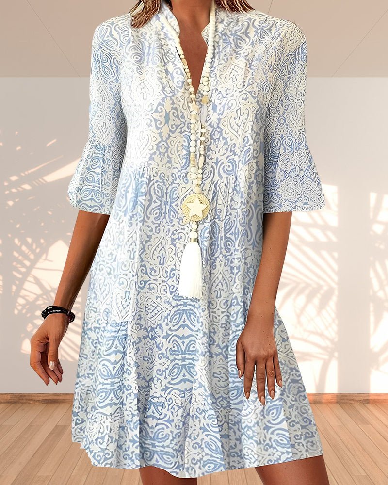 Women's Bohemian Print Loose V-Neck Tunic Dress