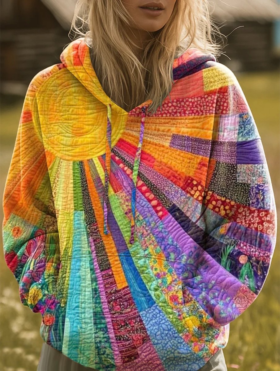 Women's Bohemian Quilted Patchwork Pullover Hoodie Sweater - Multicolor