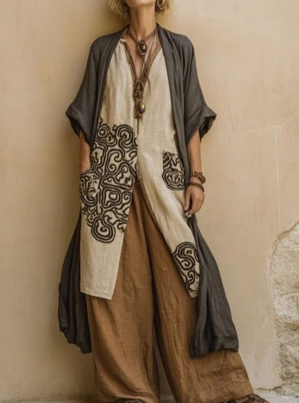 Women's Bohemian Tribal Print Three-Piece Layered Tunic Set
