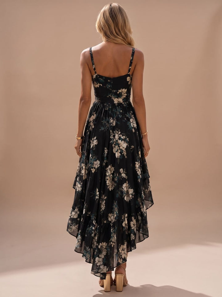 Women's Boho Black Floral High-Low Maxi Sundress