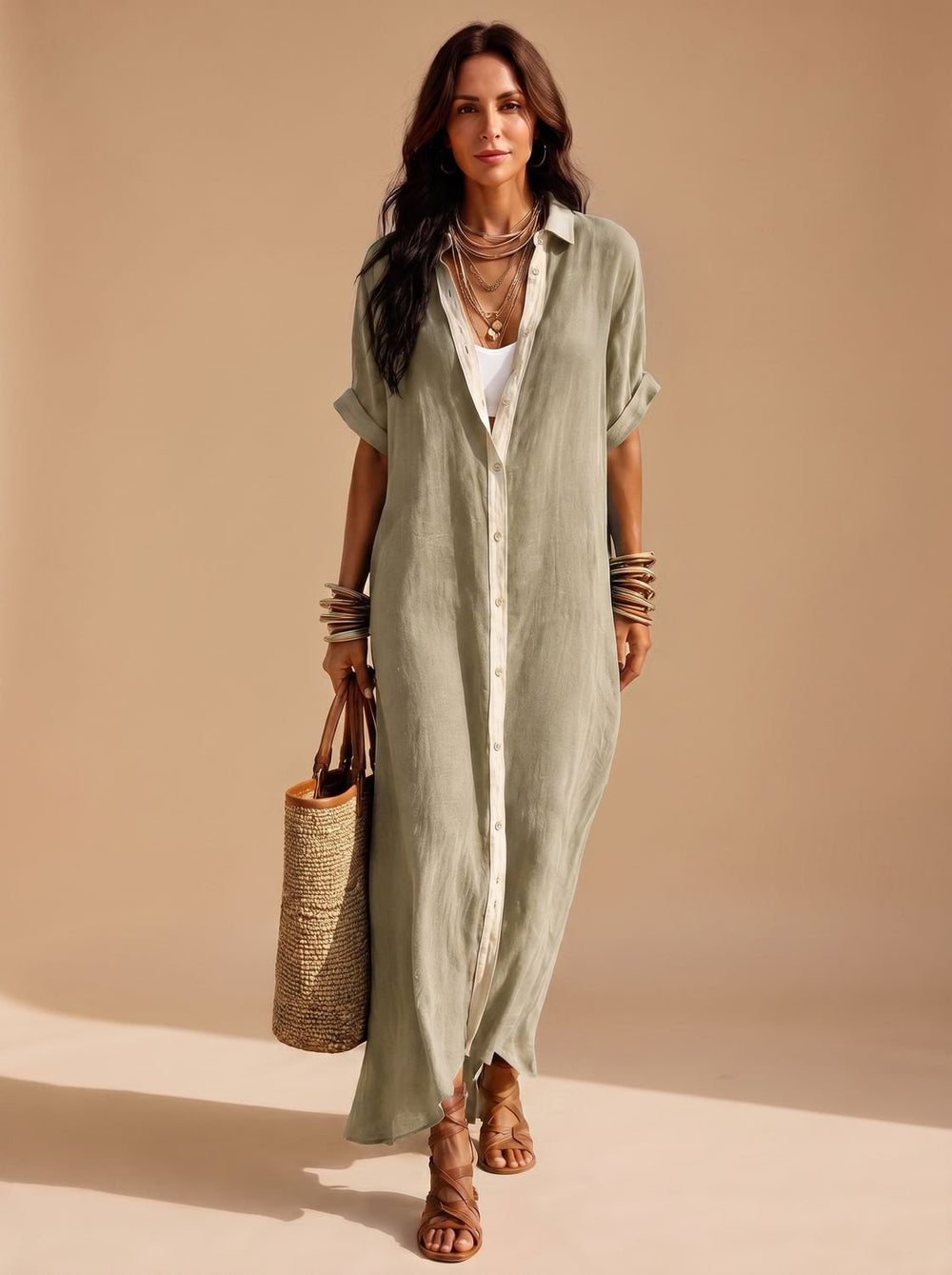 Women's Boho Button-Down Relaxed Maxi Shirt Dress - Khaki