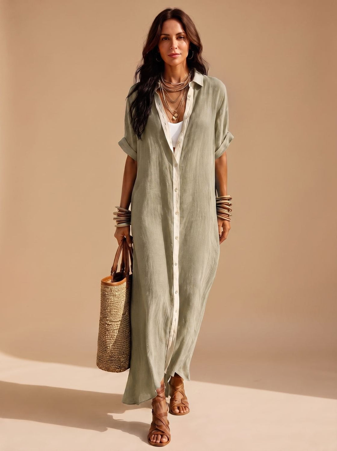 Women's Boho Button-Down Relaxed Maxi Shirt Dress - Khaki