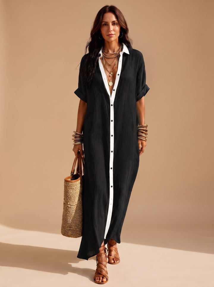 Women's Boho Button-Down Relaxed Maxi Shirt Dress - Black