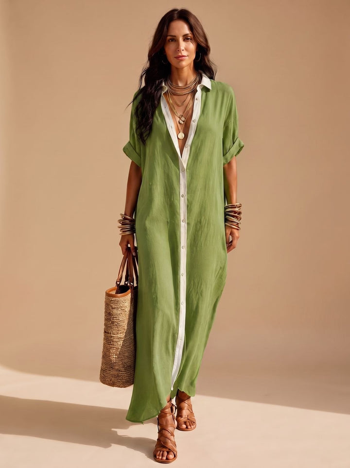 Women's Boho Button-Down Relaxed Maxi Shirt Dress - Green