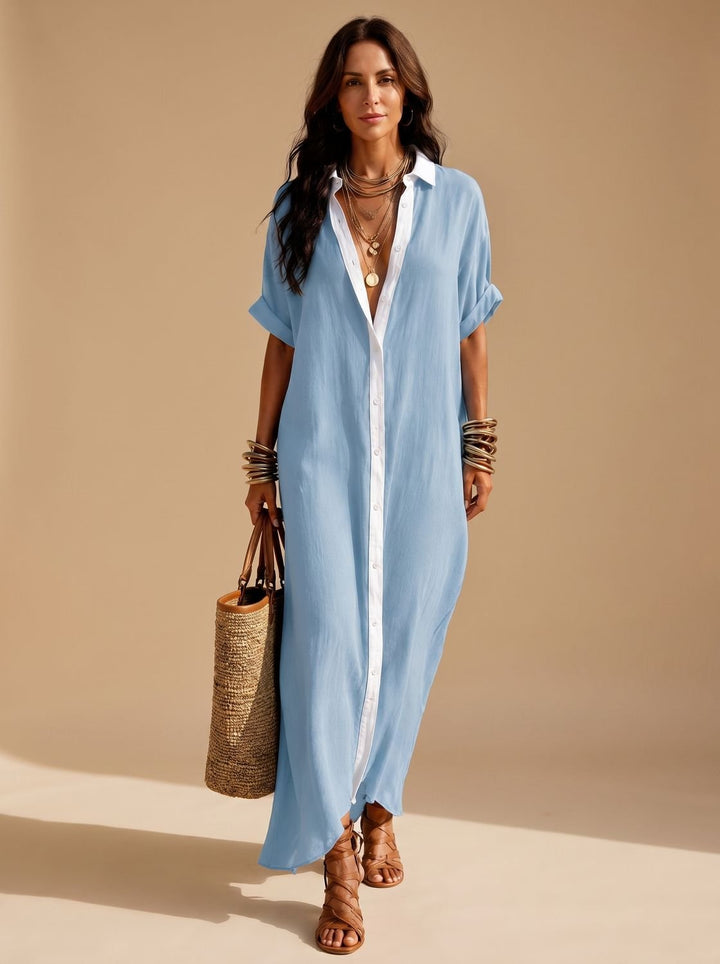 Women's Boho Button-Down Relaxed Maxi Shirt Dress - Light Blue