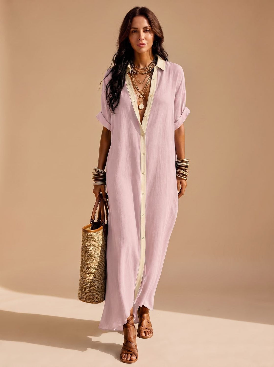Women's Boho Button-Down Relaxed Maxi Shirt Dress - Pink