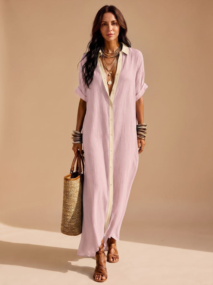 Women's Boho Button-Down Relaxed Maxi Shirt Dress - Pink