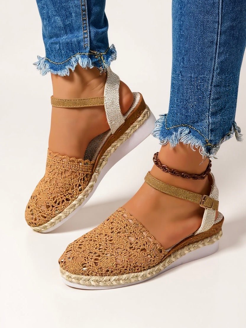 Women's Boho Crochet Ankle-Strap Espadrille Comfortable Sandals - Brown