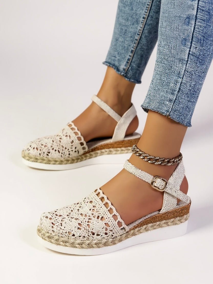 Women's Boho Crochet Ankle-Strap Espadrille Comfortable Sandals - Beige