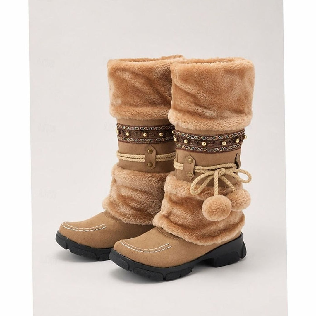Women's Boho Faux-Fur Cuff Slouch Mid-Calf Winter Snow Boots - Brown