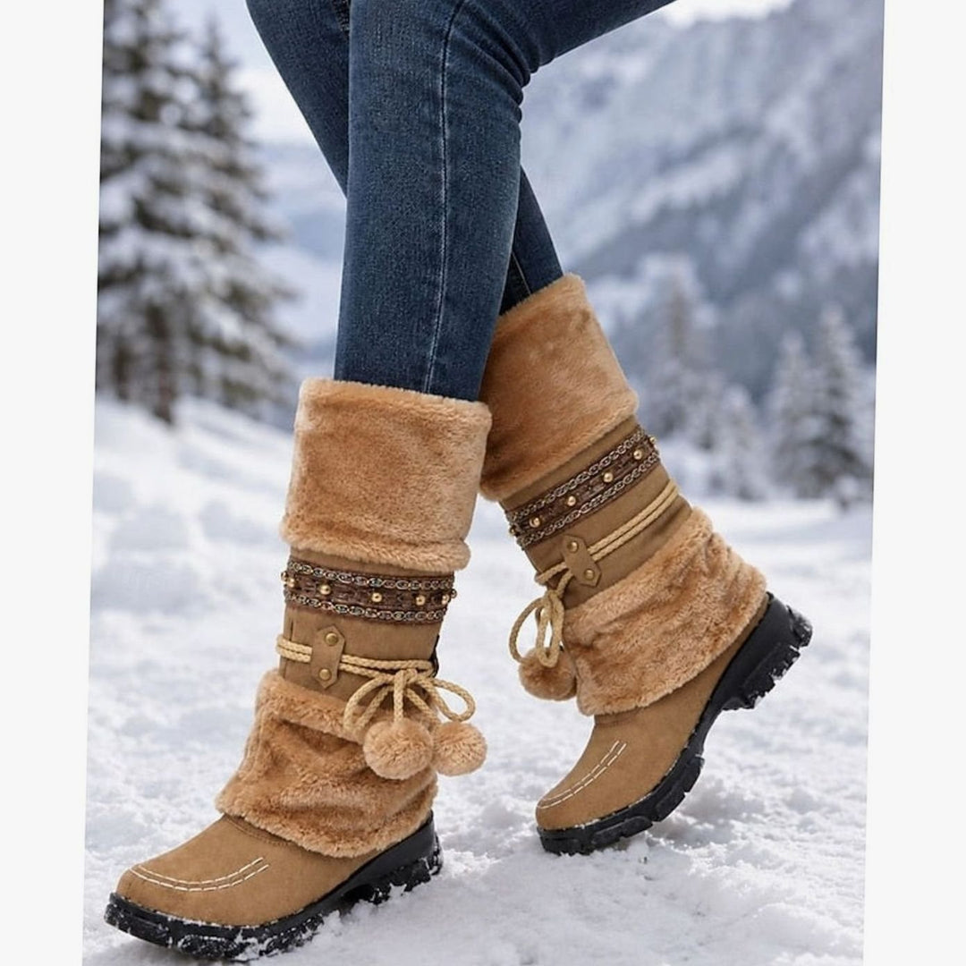 Women's Boho Faux-Fur Cuff Slouch Mid-Calf Winter Snow Boots