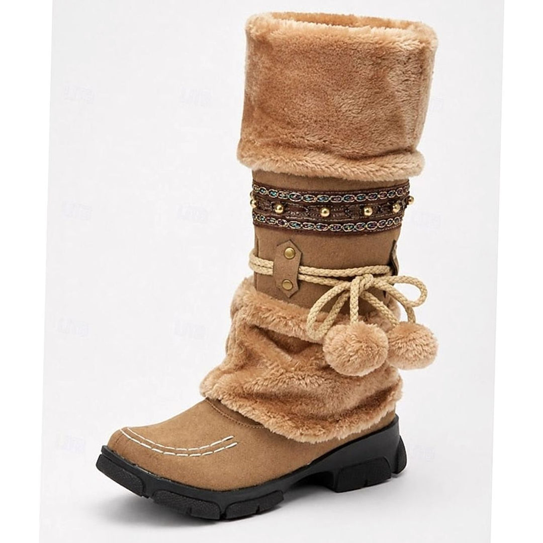 Women's Boho Faux-Fur Cuff Slouch Mid-Calf Winter Snow Boots