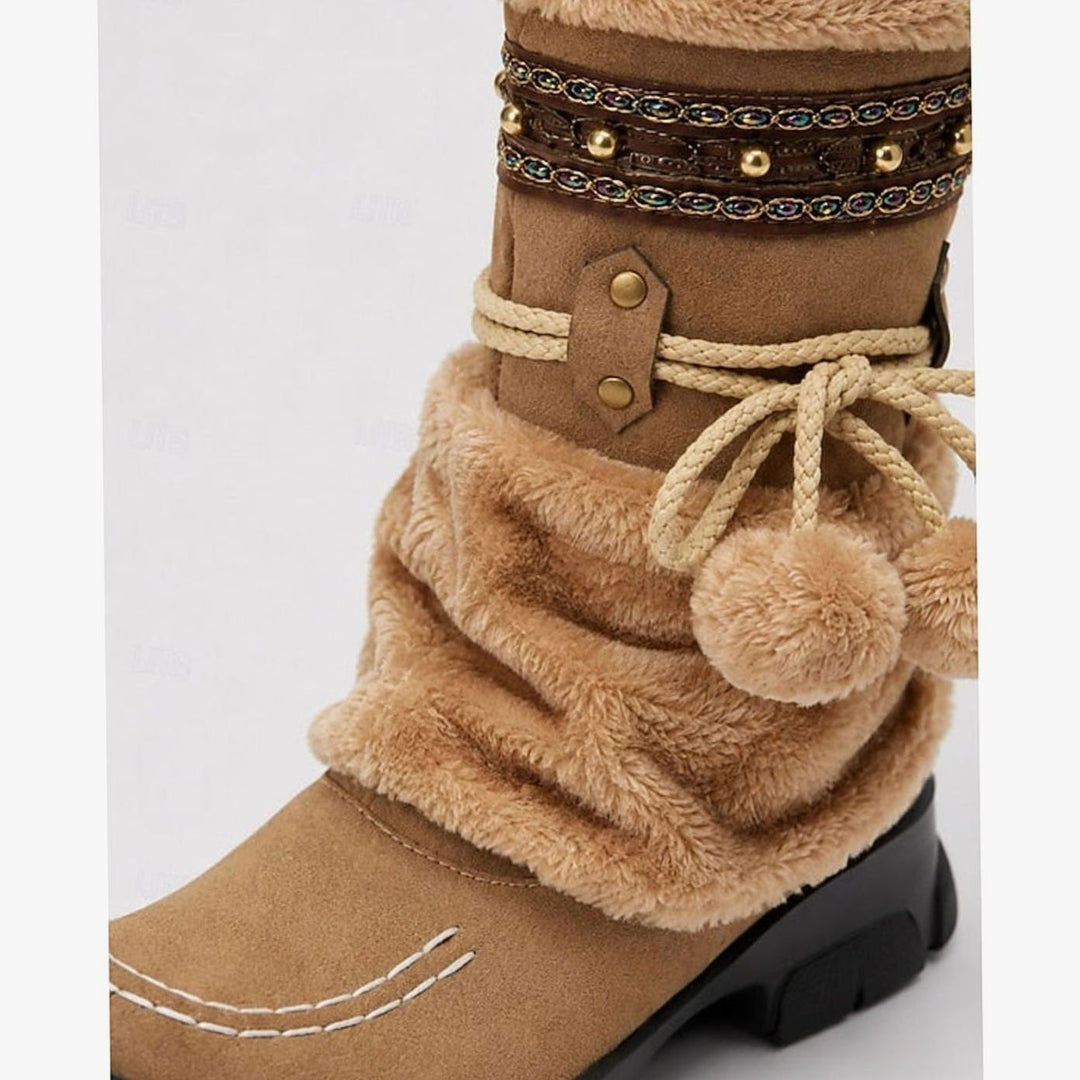 Women's Boho Faux-Fur Cuff Slouch Mid-Calf Winter Snow Boots