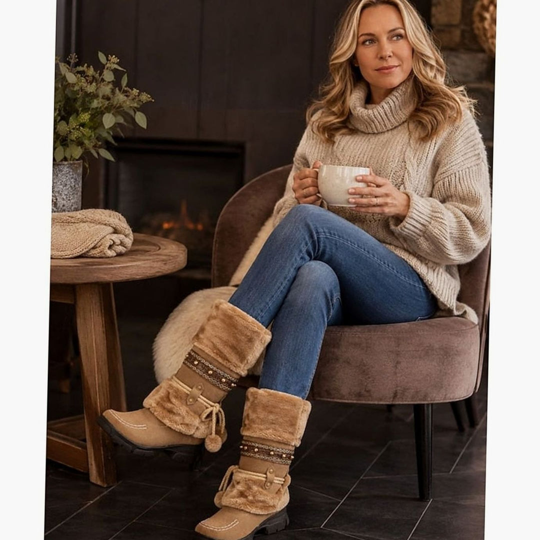 Women's Boho Faux-Fur Cuff Slouch Mid-Calf Winter Snow Boots
