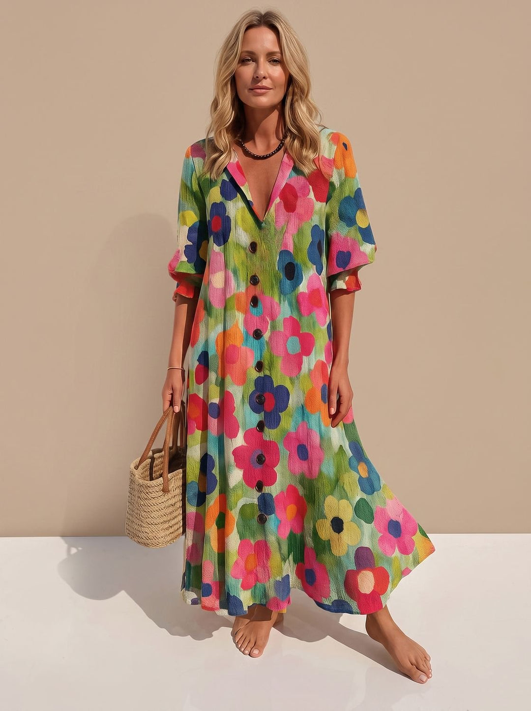 Women's Boho Floral Button-Front V-Neck Maxi Dress - Multi-Color 1