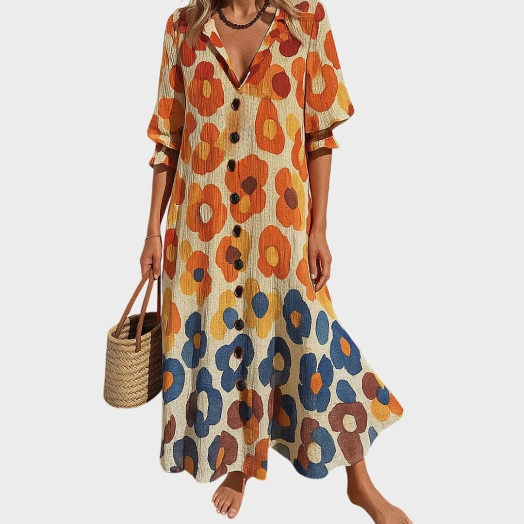 Women's Boho Floral Button-Front V-Neck Maxi Dress - Yellow