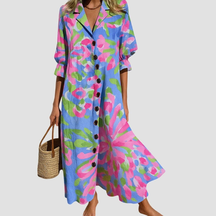 Women's Boho Floral Button-Front V-Neck Maxi Dress - Pink