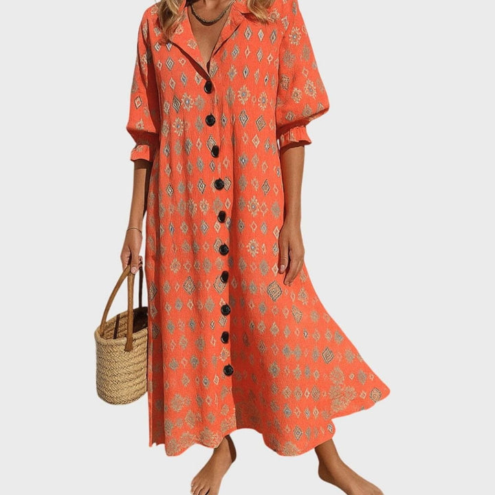 Women's Boho Floral Button-Front V-Neck Maxi Dress - Red