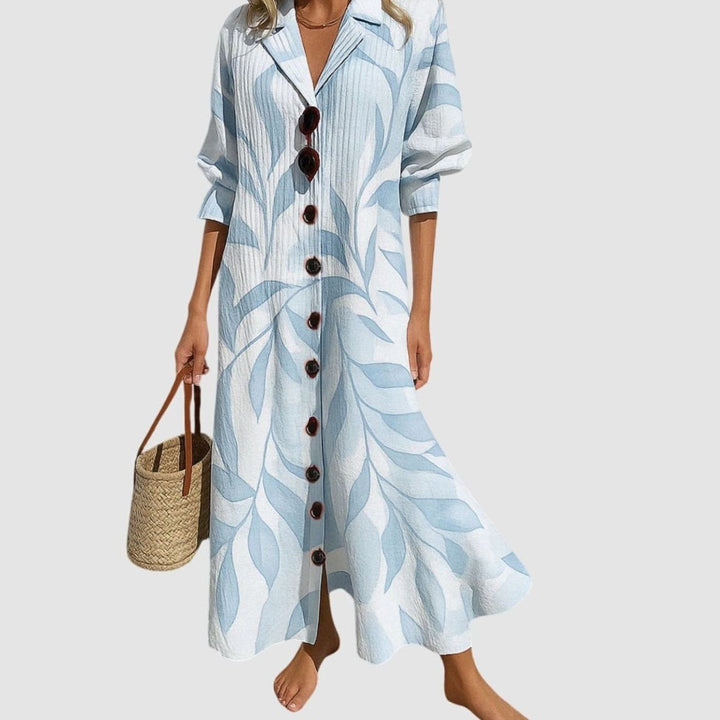 Women's Boho Floral Button-Front V-Neck Maxi Dress - Light Blue