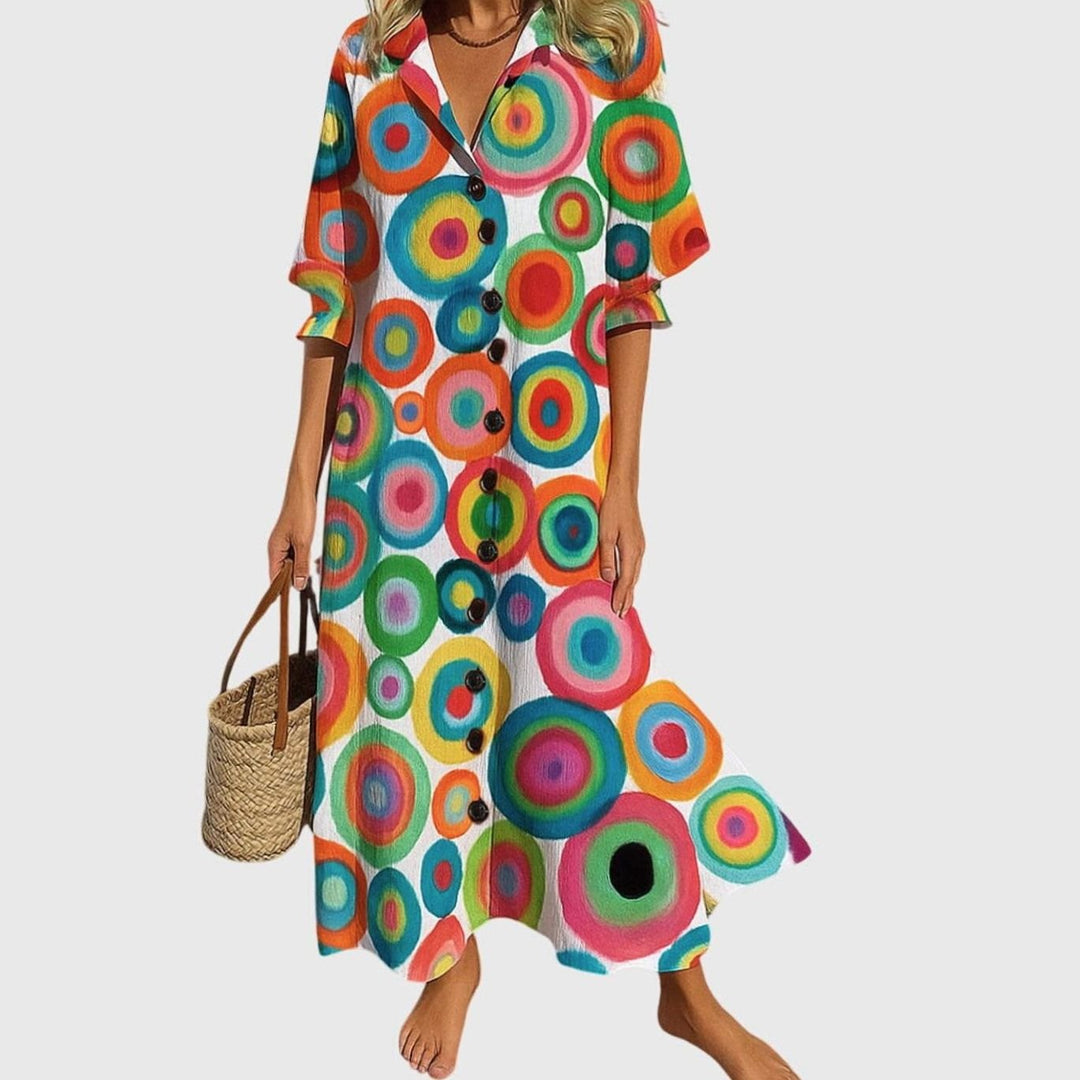 Women's Boho Floral Button-Front V-Neck Maxi Dress - Multi-Color 2