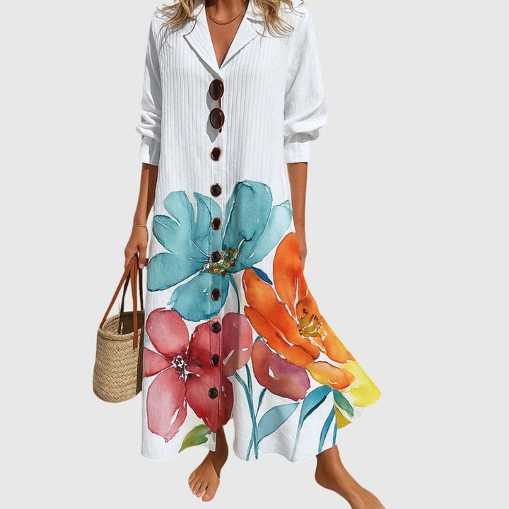Women's Boho Floral Button-Front V-Neck Maxi Dress - White
