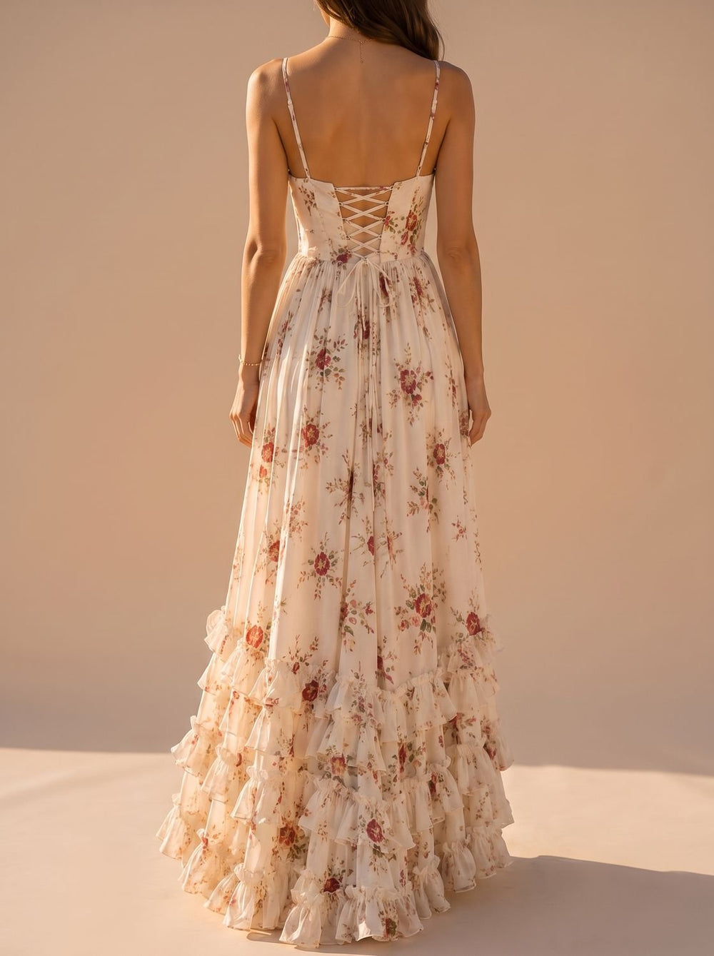 Women's Boho Floral Corset-Bodice Front-Slit Maxi Dress