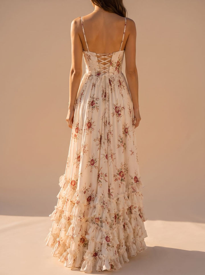 Women's Boho Floral Corset-Bodice Front-Slit Maxi Dress