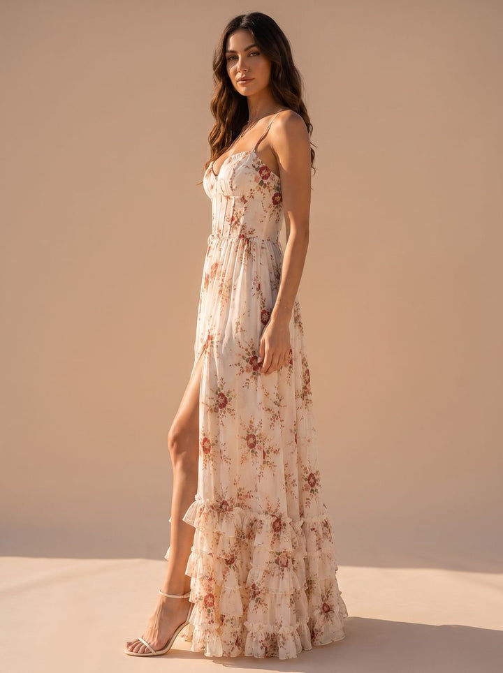 Women's Boho Floral Corset-Bodice Front-Slit Maxi Dress