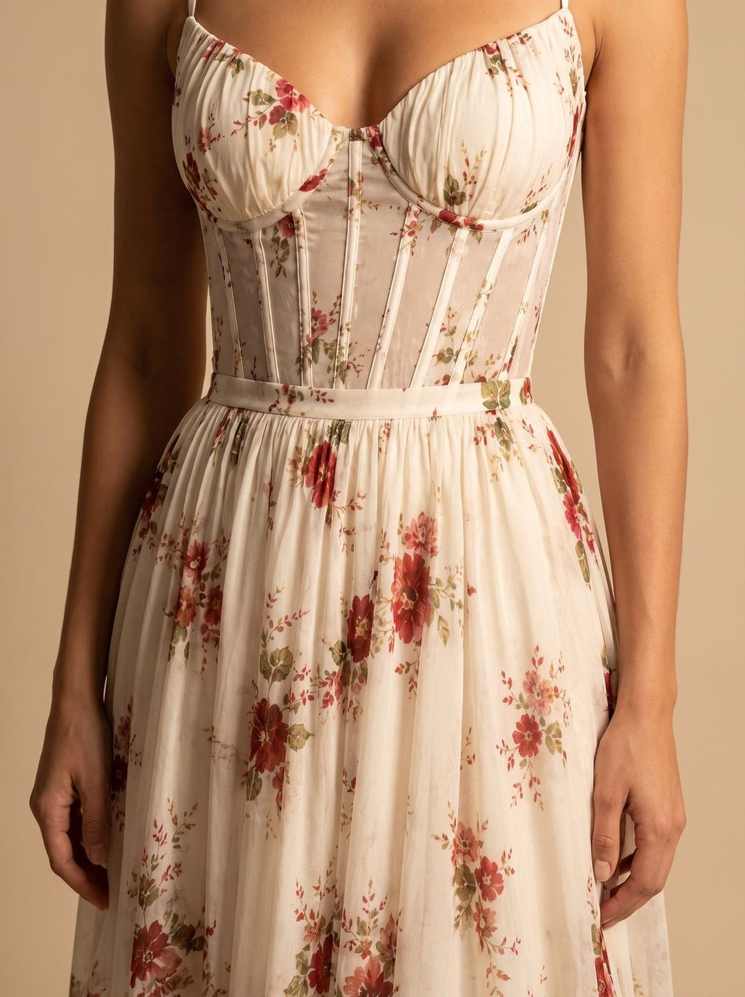 Women's Boho Floral Corset-Bodice Front-Slit Maxi Dress
