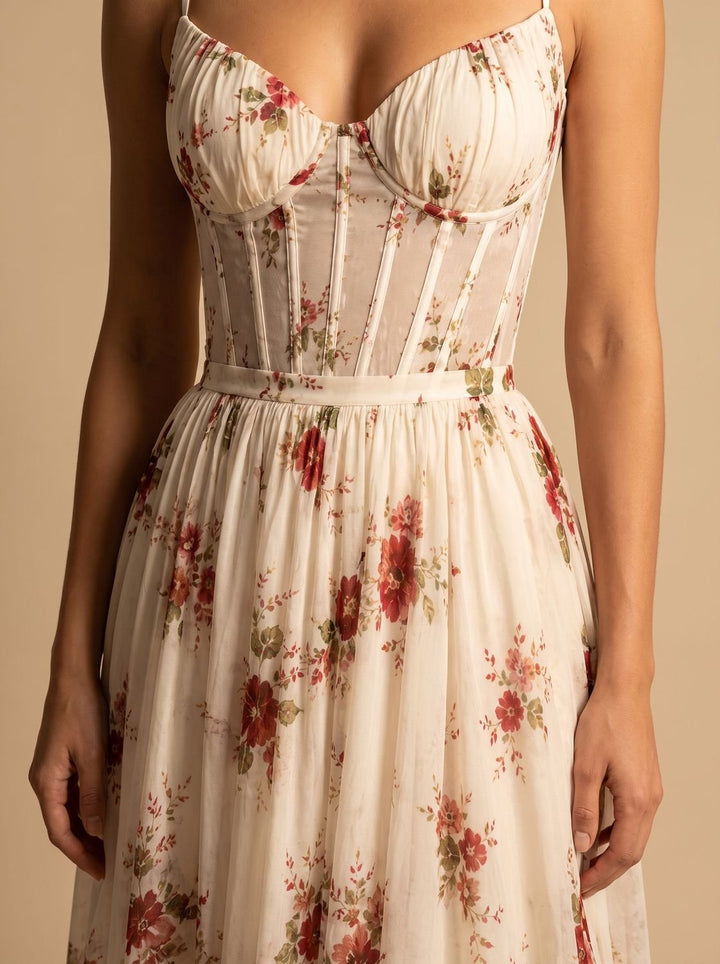 Women's Boho Floral Corset-Bodice Front-Slit Maxi Dress