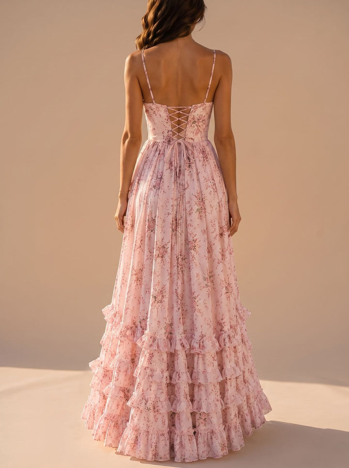 Women's Boho Floral Corset-Bodice Front-Slit Maxi Dress
