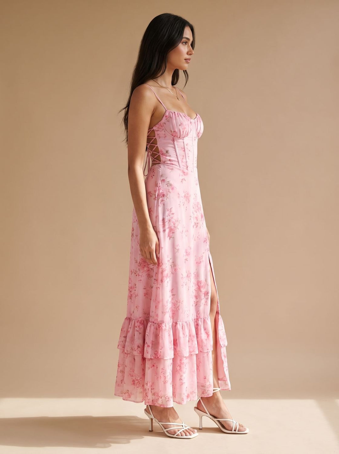 Women's Boho Floral Corset-Bodice Front-Slit Maxi Dress