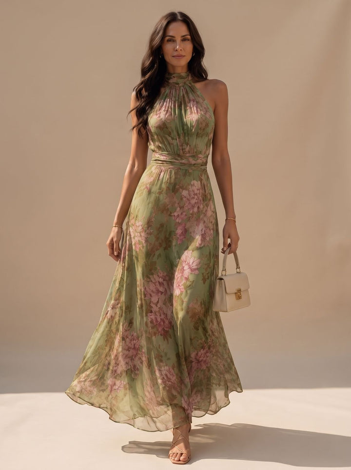 Women's Boho Floral Halter-Neck Chiffon Maxi Dress