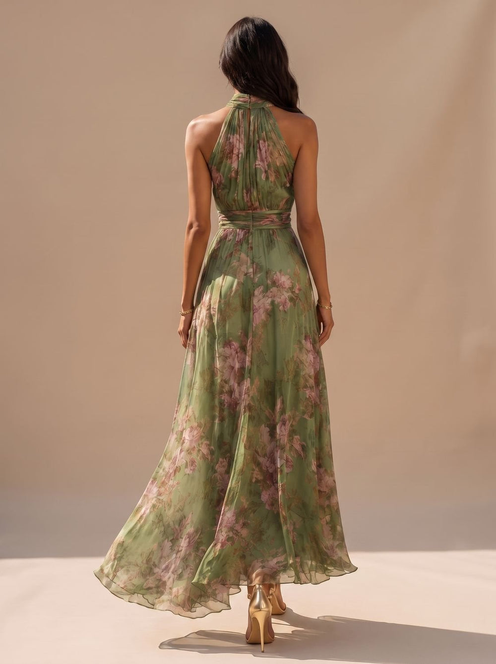 Women's Boho Floral Halter-Neck Chiffon Maxi Dress