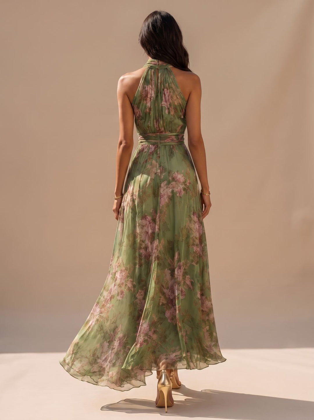 Women's Boho Floral Halter-Neck Chiffon Maxi Dress