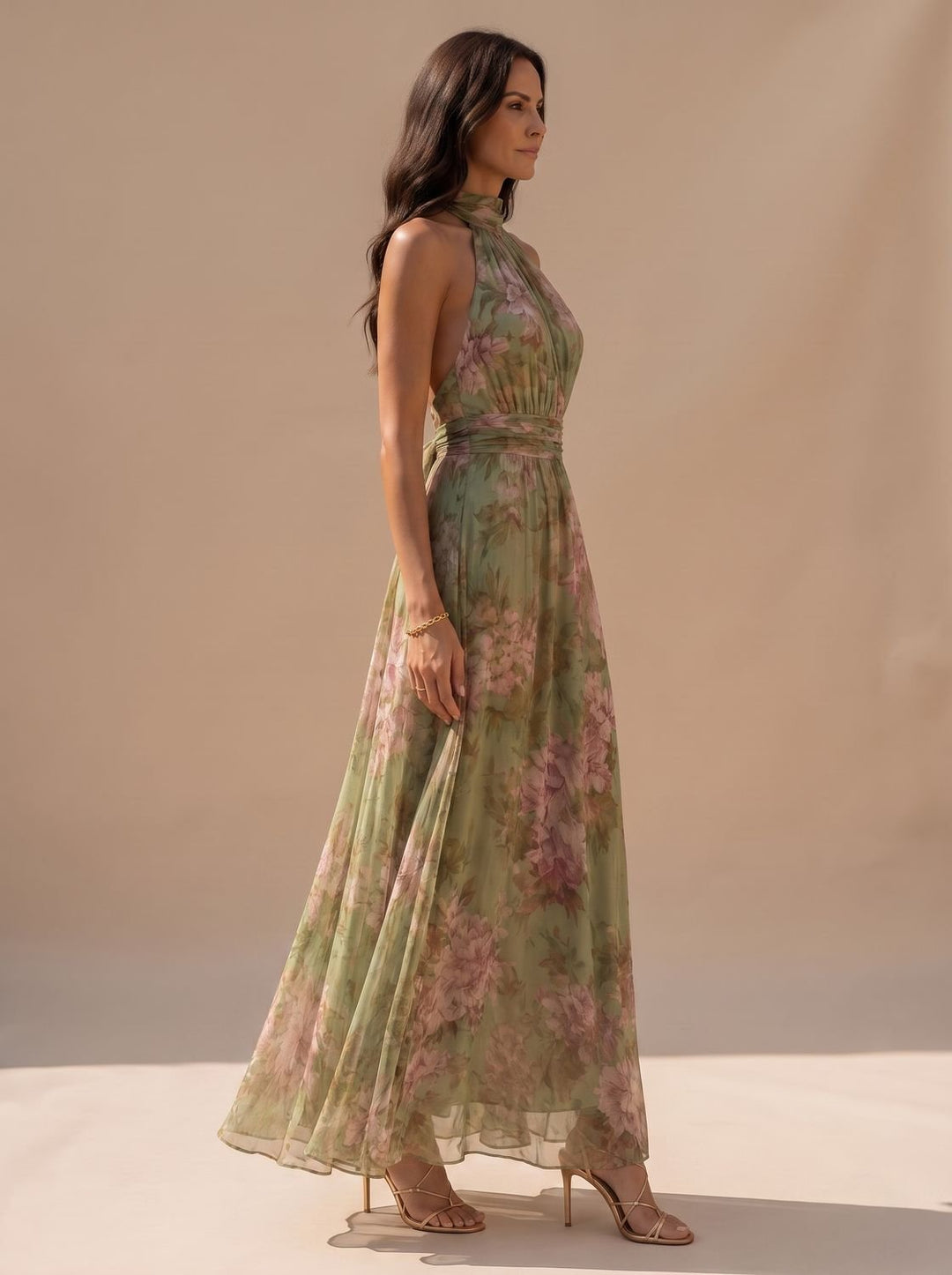 Women's Boho Floral Halter-Neck Chiffon Maxi Dress