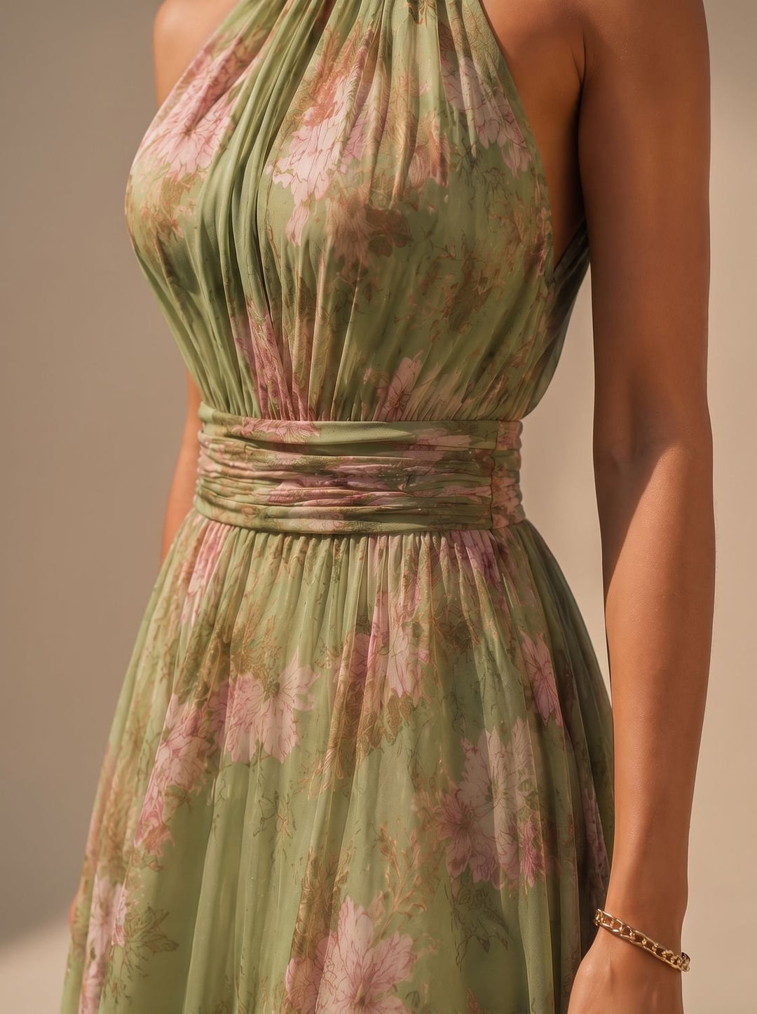 Women's Boho Floral Halter-Neck Chiffon Maxi Dress