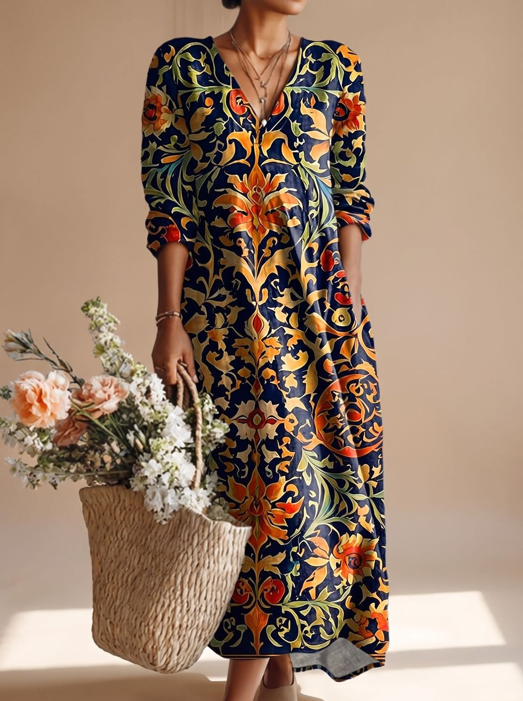Women's Boho Floral Long Sleeve Maxi Dress V-Neck Relaxed Fit - Dress