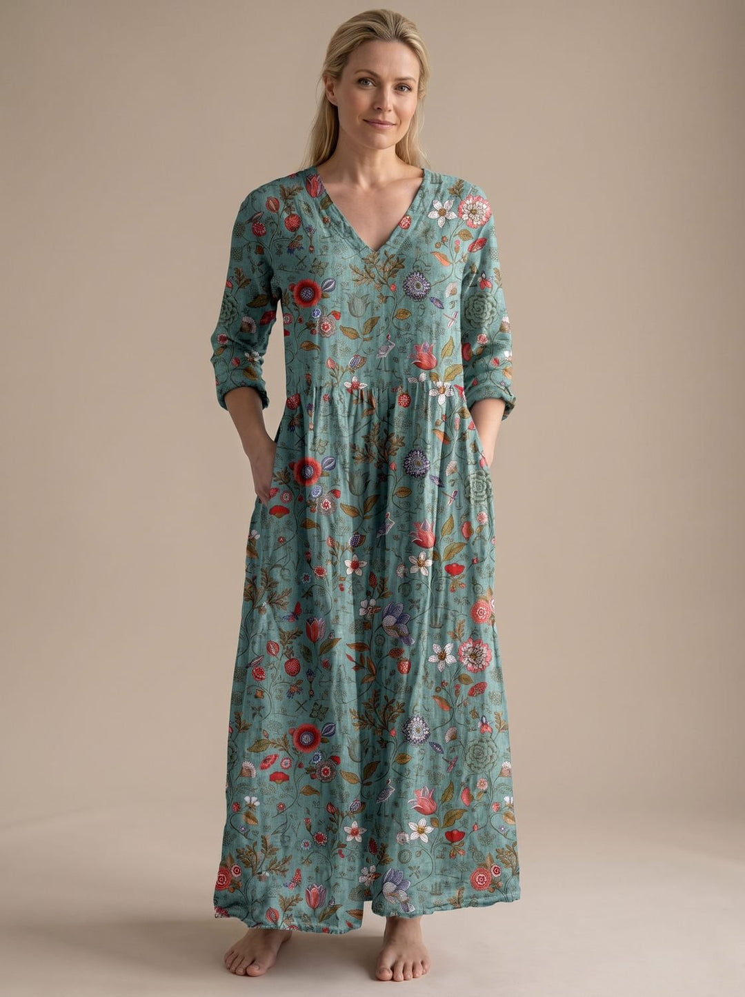 Women's Boho Floral Print V-Neck Long Sleeve Midi Dress