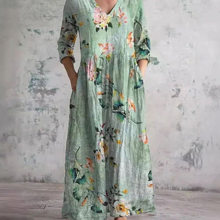 Women's Boho Floral Print V-Neck Long Sleeve Midi Dress - Light Green