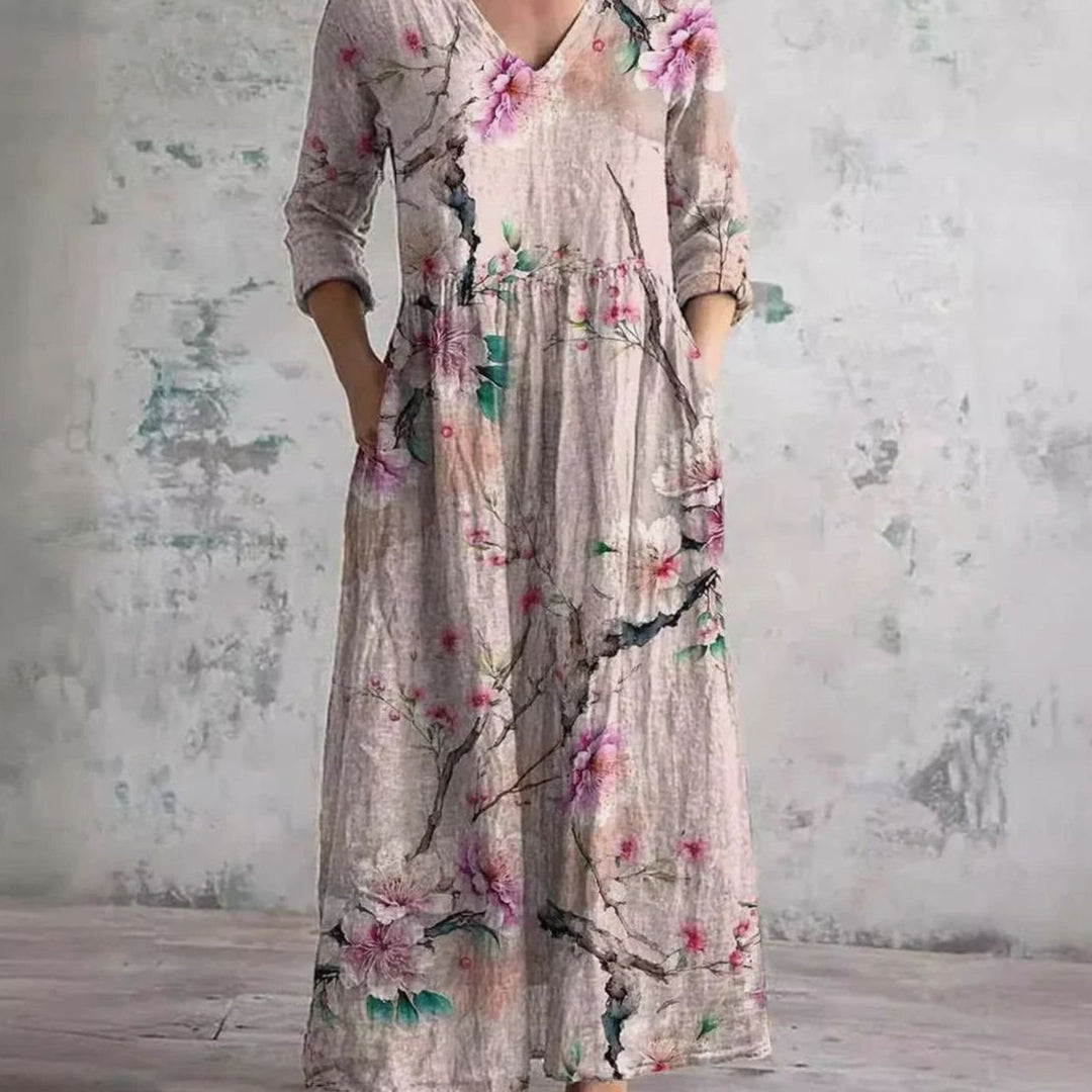 Women's Boho Floral Print V-Neck Long Sleeve Midi Dress - Pink