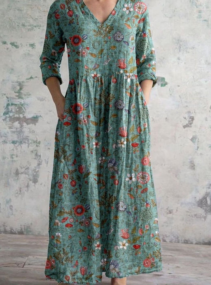 Women's Boho Floral Print V-Neck Long Sleeve Midi Dress