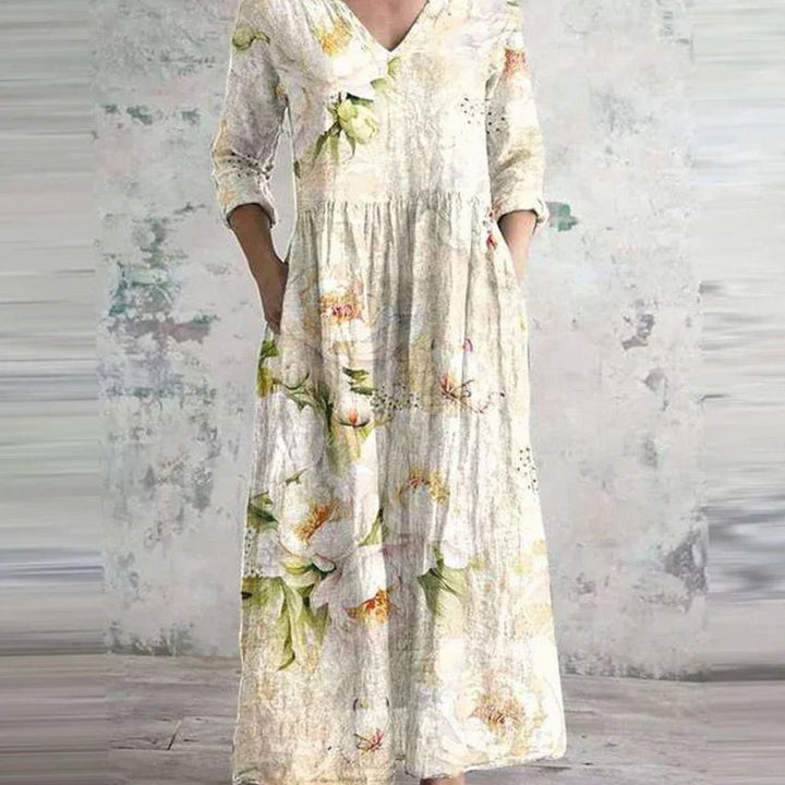 Women's Boho Floral Print V-Neck Long Sleeve Midi Dress