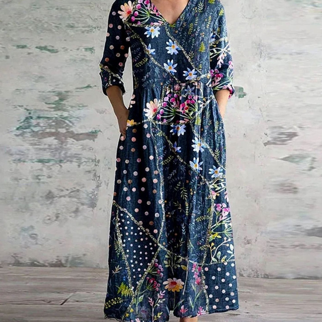 Women's Boho Floral Print V-Neck Long Sleeve Midi Dress