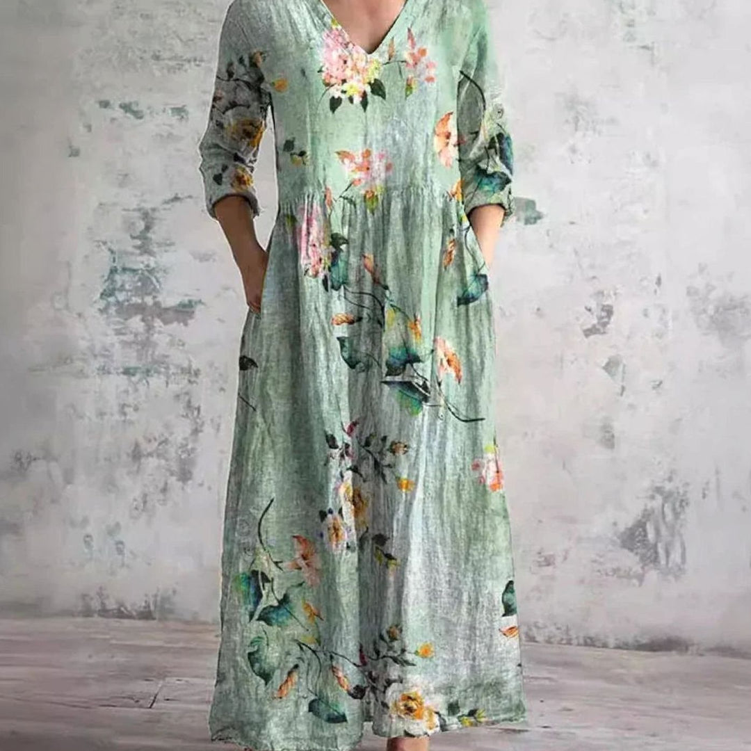 Women's Boho Floral Print V-Neck Long Sleeve Midi Dress