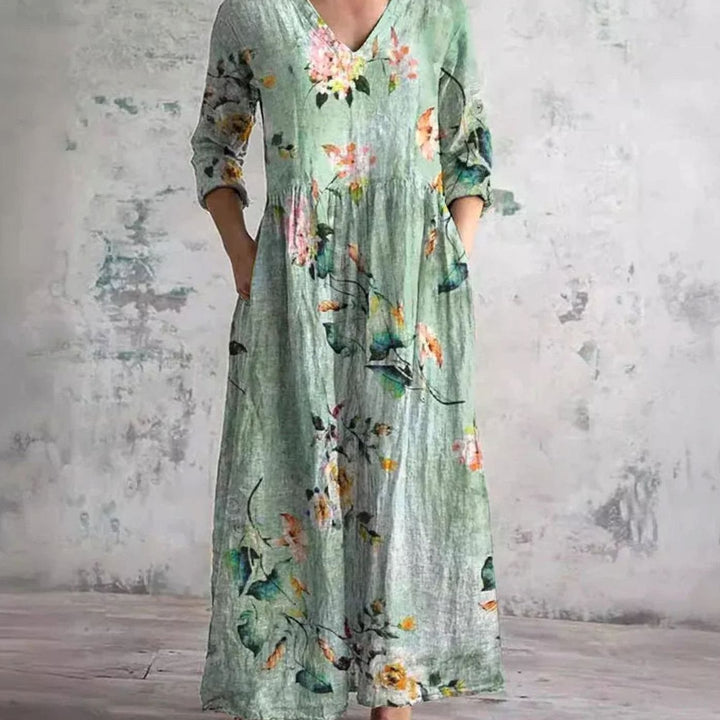 Women's Boho Floral Print V-Neck Long Sleeve Midi Dress