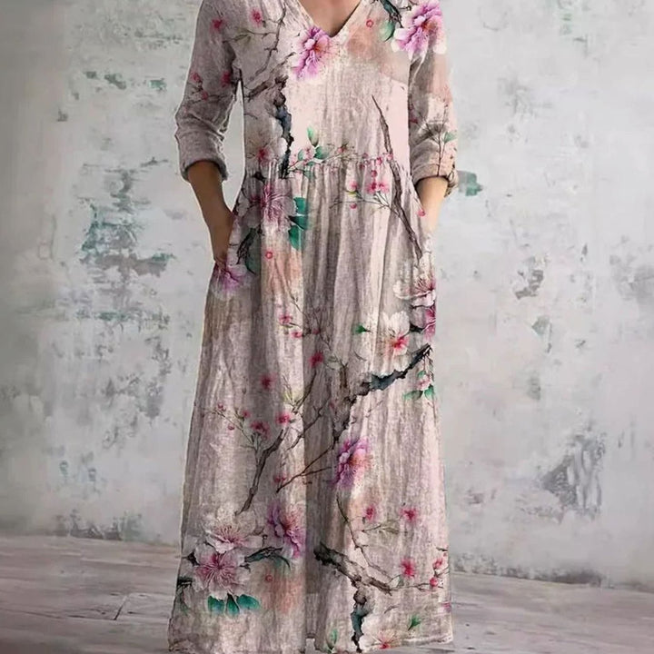 Women's Boho Floral Print V-Neck Long Sleeve Midi Dress