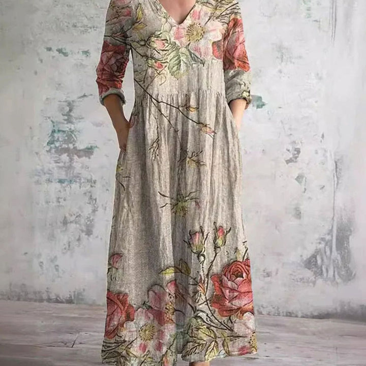 Women's Boho Floral Print V-Neck Long Sleeve Midi Dress
